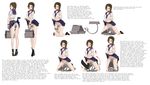  1girl absurdres arms_behind_back bangs bdsm bondage breasts brown_hair collar directional_arrow dog_collar engrish eyes_closed full_body high_heels kneeling knees_together_feet_apart lamb_(artist) large_breasts lifted_by_self looking_at_viewer looking_back machinery male_hand midriff multiple_views one_eye_closed panties pleated_skirt school_bag serafuku shoes short_hair simple_background skirt_lift socks solo spread_legs standing text typo white_background wooden_horse 