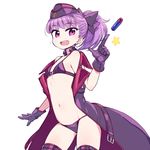  :d ass_visible_through_thighs bikini bow breasts chan_co contrapposto cowboy_shot eyebrows_visible_through_hair fate/grand_order fate_(series) garrison_cap gloves hair_bow hat helena_blavatsky_(fate/grand_order) helena_blavatsky_(swimsuit_archer)_(fate) index_finger_raised navel off_shoulder open_mouth ponytail purple_bikini purple_eyes purple_gloves purple_hair purple_legwear simple_background small_breasts smile solo standing star swimsuit thighhighs white_background 