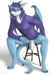  2017 absurd_res anthro balls blue_eyes blue_hair bottomless claws clothed clothing dragon fangs hair half-closed_eyes hi_res horn looking_at_viewer male membranous_wings penis precum scalie simple_background sitting skipsy skipsy_dragon_(character) solo stool toe_claws uncut white_background wings 