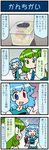  4koma artist_self-insert blue_eyes blue_hair candy closed_eyes comic commentary constricted_pupils cup detached_sleeves disposable_cup food frog_hair_ornament fruit gradient gradient_background grapes green_eyes green_hair hair_ornament hair_tubes heterochromia highres holding holding_food juliet_sleeves kochiya_sanae long_hair long_sleeves mizuki_hitoshi multiple_girls nontraditional_miko open_mouth puffy_sleeves red_eyes scratching_cheek short_hair smile snake_hair_ornament surprised sweatdrop tatara_kogasa touhou translated vest wide_sleeves 
