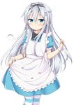  alice_(wonderland) alice_(wonderland)_(cosplay) alice_in_wonderland apron black_bow black_ribbon blue_dress blue_eyes bow cosplay cowboy_shot dress frilled_apron frills hair_ribbon hibiki_(kantai_collection) kantai_collection long_hair looking_at_viewer ribbon silver_hair simple_background solo standing striped striped_legwear white_apron white_background wrist_cuffs yoshikita_popuri 