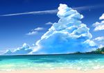  beach blue_sky cloud commentary_request day forest horizon nature no_humans ocean original outdoors scenery seascape shore sky tree 