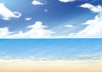  beach blue_sky cloud cloudy_sky commentary_request day highres horizon light_rays no_humans ocean original outdoors sasakura_momiji scenery seascape shore sky water water_surface waves 