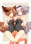 arm_behind_back bare_shoulders barefoot black_school_swimsuit bow breasts brown_eyes brown_hair commentary_request competition_school_swimsuit copyright_name eurasian_eagle_owl_(kemono_friends) hair_bow hand_on_another's_hip hand_on_another's_shoulder head_wings highres kemono_friends leg_up looking_at_viewer medium_breasts multiple_girls northern_white-faced_owl_(kemono_friends) one-piece_swimsuit pink_bow school_swimsuit short_hair standing swimsuit tail_feathers white_hair yellow_bow yuyaiyaui 
