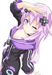  adult_neptune black_collar blush breasts cleavage closed_mouth collar d-pad d-pad_hair_ornament day eyebrows_visible_through_hair hair_between_eyes hair_ornament highres hood hooded_track_jacket jacket long_hair long_sleeves looking_at_viewer medium_breasts neptune_(series) niwaka_potato no_bra one_eye_closed purple_eyes purple_hair shin_jigen_game_neptune_vii sidelocks simple_background smile solo track_jacket white_background 