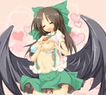  areolae bare_arms black_wings blue_bra bow bra breasts brown_hair closed_eyes commentary cowboy_shot green_bow green_skirt hair_bow heart heart-shaped_boob_challenge honyaa_(honya--1123) medium_breasts miniskirt navel one_breast_out open_mouth pink_background reiuji_utsuho short_sleeves skirt smile solo standing stomach third_eye touhou underwear wings 