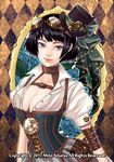  2017 argyle argyle_background artist_name bag bangs belt black_hair black_hat blue_eyes blue_flower blue_rose bracer breasts buckle buttons cleavage clock closed_mouth collared_shirt corset eyelashes floral_background flower gears goggles goggles_on_head handbag hat hat_ribbon looking_at_viewer medium_breasts mito_amatsu original pouch puffy_short_sleeves puffy_sleeves red_lips ribbon rose shirt short_hair short_sleeves skirt smile sparkle star star_print steampunk striped top_hat vertical-striped_skirt vertical_stripes watermark white_shirt wing_collar 