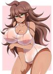  1girl afuro ahoge areolae blush breast_hold breasts brown_hair cameltoe cleavage collarbone curvy danganronpa_3 dark_skin embarrassed female green_eyes large_breasts long_hair looking_at_viewer nipples one-piece_swimsuit owari_akane see-through simple_background solo standing super_danganronpa_2 sweat swimsuit tan thighs white_swimsuit wide_hips 