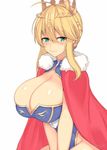  ahoge artoria_pendragon_(all) artoria_pendragon_(lancer) bangs between_legs blonde_hair blue_leotard blush braid breasts bursting_breasts cape cleavage cleavage_cutout commentary_request crown dated fate/grand_order fate_(series) fur-trimmed_cape fur_trim green_eyes hair_between_eyes hand_between_legs heart heart-shaped_pupils highleg highleg_leotard huge_breasts kuavera leotard looking_at_viewer looking_to_the_side red_cape side_braid sidelocks signature simple_background solo swept_bangs symbol-shaped_pupils white_background 