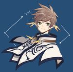  blue_background brown_hair cape character_name closed_mouth earrings feather_earrings green_eyes jewelry looking_at_viewer male_focus messy_hair smile solo sorey_(tales) tales_of_(series) tales_of_zestiria upper_body white_cape yurichi_(artist) 