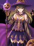  bad_anatomy breasts brown_hair cape cleavage corset cross detached_sleeves elbow_gloves gloves gradient_sky halloween hat ho_den_keiji holding holding_staff jack-o'-lantern long_hair looking_at_viewer medium_breasts original purple_cape purple_eyes purple_gloves purple_hat purple_legwear purple_skirt skirt sky smile staff standing strapless striped_sleeves sunset thighs witch witch_hat 