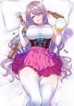  :d alcohol beer_bottle blush bottle_cap breasts bursting_breasts corset drunk green_eyes highres large_breasts long_hair looking_at_viewer lying nan on_back on_bed open_mouth pillow pink_skirt purple_hair skirt smile thigh_gap thighs white_legwear 