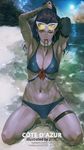  21yc_(september_breeze) adjusting_hair alternate_costume arm_tattoo armlet beach bikini bracelet breasts cameltoe cleavage cote_d'azur_widowmaker day eyewear_on_head front-tie_bikini front-tie_top hair_pulled_back highres jewelry large_breasts looking_at_viewer navel one_eye_closed overwatch purple_hair purple_skin sitting smile solo stomach sunglasses swimsuit tattoo toned wariza water widowmaker_(overwatch) 