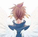  blue_shirt brown_hair earrings feather_earrings feathered_wings from_behind jewelry male_focus messy_hair nape shirt solo sorey_(tales) tales_of_(series) tales_of_zestiria white_background white_wings wings yurichi_(artist) 