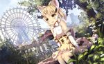  amusement_park animal_ears bare_shoulders black_hair blonde_hair blush bow bowtie building cat_ears cat_tail elbow_gloves eyebrows_visible_through_hair ferris_wheel frilled_skirt frills gloves high-waist_skirt highres kemono_friends missile228 multicolored_hair open_mouth outdoors ruins sand_cat_(kemono_friends) shirt short_hair skirt skyscraper sleeveless sleeveless_shirt solo striped_tail tail yellow_eyes 