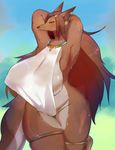  anthro big_breasts black_nose blue_eyes blush breasts brown_fur brown_hair canine clothed clothing dog ear_piercing female fur hair hands_behind_head huge_breasts kyuuri long_hair looking_at_viewer mammal nipple_bulge one-piece_swimsuit outside piercing shirt skimpy solo standing sweat swimsuit thick_thighs tiny_head translucent voluptuous wet wet_shirt wide_hips 
