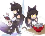  black_hair blake_belladonna book bow bowl cat_tail commentary english fish food hair_bow iesupa multiple_views noodles pantyhose paw_background paw_print reading rwby sparkling_eyes tail tuna yellow_eyes 