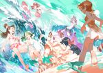  aqua asymmetrical_bangs bangs barbara_parker bare_arms bare_legs bare_shoulders barefoot beach bikini bikini_skirt bird blue_sky bow brown_hair character_counter_request closed_eyes commentary constanze_amalie_von_braunschbank-albrechtsberger day diana_cavendish fat food glasses green_hair green_sky hair_bow hair_over_one_eye half-closed_eyes hanna_england happy hat highres horizon jasminka_antonenko kagari_atsuko lagann light_green_hair little_witch_academia long_hair lotte_jansson low_ponytail multicolored_hair multiple_girls navel ocean orange_hair outdoors pale_skin red_eyes short_hair sky smile soles streaked_hair striped striped_bikini sucy_manbavaran surfing swimsuit tengen_toppa_gurren_lagann two-tone_hair wand water white_bikini witch witch_hat yotsuyu 