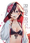  bikini_top black_bikini_top black_hair blue_eyes breasts collarbone cookie eating food front-tie_bikini front-tie_top grin hair_over_one_eye halterneck hood hoodie izumi_sai jacket looking_at_viewer medium_breasts open_clothes open_hoodie open_jacket petals ruby_rose rwby short_hair simple_background smile solo white_background 