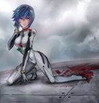  arm_support ayanami_rei bai_wang bangs blue_hair bodysuit breasts closed_mouth cloud cloudy_sky commentary_request english full_body grey_bodysuit hand_to_head headgear highres kneeling looking_at_viewer medium_breasts neon_genesis_evangelion nerv pilot_suit plugsuit red_eyes short_hair sky solo turtleneck 