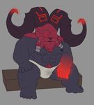  black_skin bulge caprine clothing dark_skin fire fur glowing glowing_eyes horn iron lava league_of_legends male mammal musk ornn red_fur riot_games solo sweat trianglepapaya underwear video_games 