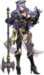  3d armor axe black_armor black_panties boots breasts bustier camilla_(fire_emblem_if) capelet cleavage fire_emblem fire_emblem_if fire_emblem_musou full_body game_model gloves hair_over_one_eye high_heel_boots high_heels highres large_breasts lips long_hair official_art panties purple_gloves purple_hair solo thigh_boots thighhighs tiara transparent_background underwear vambraces wavy_hair weapon 