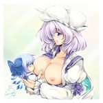  areolae baby blue_eyes blue_hair bow breast_feeding breast_sucking breasts cirno commentary_request hair_bow hat large_breasts lavender_hair letty_whiterock motherly multiple_girls nipples short_hair signature touhou windart wings younger 