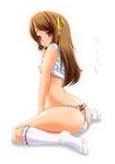  breasts brown_eyes brown_hair hair_ribbon marneko original panties ribbon shirt_lift sitting small_breasts socks solo underwear wariza 