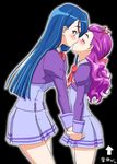  artist_request black_background blue_eyes blue_hair blush closed_eyes couple directional_arrow happy height_difference holding_hands kiss l'ecole_des_cinq_lumieres_school_uniform long_hair milk_(yes!_precure_5) mimino_kurumi minazuki_karen multiple_girls precure purple_eyes purple_skirt school_uniform simple_background skirt yes!_precure_5 yes!_precure_5_gogo! yuri 