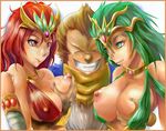  2girls amon_(artist) areolae bad_id bad_pixiv_id breast_grab breast_squeeze breasts breath_of_fire breath_of_fire_ii covered_nipples grabbing green_eyes green_hair grin groping large_breasts multiple_girls naughty_face nipples red_eyes red_hair sana smile spoo_(breath_of_fire) sten_legacy 