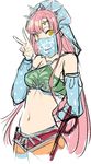  blush breasts cosplay detached_sleeves earrings fate/grand_order fate_(series) gerudo_link gerudo_link_(cosplay) jewelry link long_hair looking_at_viewer medb_(fate)_(all) medb_(fate/grand_order) midriff navel pink_hair pointy_ears see-through shimo_(s_kaminaka) sketch small_breasts smile solo stomach the_legend_of_zelda the_legend_of_zelda:_breath_of_the_wild tiara veil yellow_eyes 