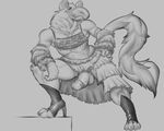  anthro arm_warmers armwear avian balls beads beak claws clothed clothing dripping ear_tuft erection feathers footwear fur girly grey_background gryphon hand_on_hip high_heels humanoid_penis long_skirt looking_at_viewer male markings monochrome muscular muscular_male neck_tuft open_skirt penis precum shoes simple_background smile solo standing toe_claws toeless_shoes tuft velrizoth 
