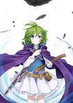  blackma_(pagus0012) blue_eyes book cape fire_emblem fire_emblem:_rekka_no_ken green_hair hairband highres nino_(fire_emblem) open_mouth short_hair skirt solo tears 