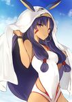  cosplay dark_skin earrings fate/grand_order fate_(series) hoop_earrings jewelry long_hair lpip medjed medjed_(cosplay) nitocris_(fate/grand_order) nitocris_(swimsuit_assassin)_(fate) one-piece_swimsuit purple_eyes purple_hair solo swimsuit very_long_hair white_swimsuit 