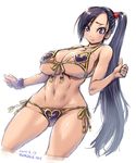  1girl amania_orz bare_shoulders bikini blush breasts cleavage collarbone dragon_quest dragon_quest_xi hips large_breasts long_hair looking_at_viewer martina_(dragon_quest_xi) navel parted_lips ponytail simple_background solo thighs underboob very_long_hair 