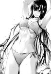  arms_up bikini breasts cowboy_shot greyscale grin highres kurofood long_hair looking_at_viewer medium_breasts monochrome navel original side-tie_bikini smile solo swimsuit 