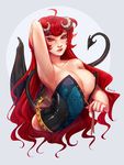  amelion armpits artist_name collarbone corset cross-laced_clothes demon_girl hand_behind_head highres horns long_hair looking_at_viewer nipples original parted_lips red_eyes red_hair succubus tail undressing watermark web_address wings 