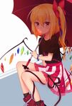  bangs black_legwear black_shirt blonde_hair blush bow bracelet brown_eyes bubble_blowing eyebrows_visible_through_hair flandre_scarlet gem hair_between_eyes hair_bow holding holding_umbrella jewelry long_hair looking_at_viewer parasol pink_skirt pointy_ears red_bow red_footwear shirt shoes side_ponytail sidelocks sitting skirt sneakers socks solo striped t-shirt touhou transistor tsurime umbrella vertical-striped_skirt vertical_stripes white_skirt wings 