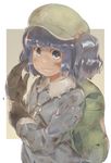  backpack bag blue_eyes blue_hair blush brown_gloves dirty dirty_clothes eyebrows_visible_through_hair gloves green_hat grin hair_bobbles hair_ornament hat highres kawashiro_nitori long_sleeves looking_at_viewer monosenbei no_nose parted_lips short_hair short_twintails sketch smile solo teeth touhou twintails two_side_up upper_body 