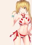  blonde_hair blush bracelet breasts cleavage closed_mouth earrings eyebrows_visible_through_hair fate/grand_order fate_(series) green_eyes hand_on_hip highres jewelry large_breasts long_hair navel nero_claudius_(fate)_(all) nero_claudius_(swimsuit_caster)_(fate) one_eye_closed scal2let smile solo twintails 
