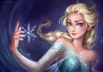  amelion artist_name bare_shoulders blue_eyes braid collarbone dated dress elsa_(frozen) frozen_(disney) hand_up long_hair long_sleeves parted_lips see-through single_braid snowflakes upper_body watermark web_address 