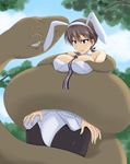  1girl blush breasts brown_eyes brown_hair bunnysuit gertrud_barkhorn isosceles_triangle_(xyzxyzxyz) large_breasts pantyhose snake strike_witches world_witches_series 