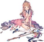  artist_request bangs blue_eyes blue_ribbon blunt_bangs breasts chateau_de_chenonceau_(oshiro_project) cleavage crown dress flower full_body gloves hair_flower hair_ornament high_heels light_brown_hair long_hair mini_crown navel official_art oshiro_project oshiro_project_re pink_dress ribbon sitting small_breasts solo spread_legs staff torn_clothes transparent_background wavy_hair white_gloves 