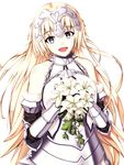  armor bare_shoulders blonde_hair blue_eyes blush bouquet enchuu eyebrows_visible_through_hair fate/apocrypha fate/grand_order fate_(series) flower headpiece highres holding holding_bouquet jeanne_d'arc_(fate) jeanne_d'arc_(fate)_(all) long_hair open_mouth smile solo 