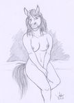  2017 anthro breasts covering covering_crotch equine female greyscale horse looking_at_viewer mammal monochrome navel nipples nude rabbi-tom simple_background sitting sketch smile solo 