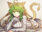  ahoge alternate_costume animal_ears ass atalanta_(fate) bangs blonde_hair breasts cat_ears cat_tail closed_mouth commentary_request cutoffs denim denim_shorts fate/apocrypha fate_(series) green_eyes green_hair half_updo long_hair looking_at_viewer lying medium_breasts melon22 multicolored_hair on_stomach ribbed_sweater short_shorts shorts sleeves_past_wrists solo sweater tail the_pose turtleneck turtleneck_sweater two-tone_hair 
