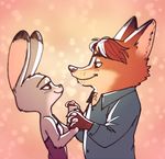  2017 anthro canine clothed clothing dipstick_ears disney duo eye_contact female fox fuel_(artist) gideon_grey half-closed_eyes hand_holding interlocked_fingers judy_hopps lagomorph male mammal rabbit side_view zootopia 
