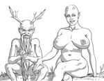  beard black_and_white breasts crossed_legs duo facial_hair female furronika humanoid log male monochrome nipples not_furry nude ogre old pointy_ears sitting wood 