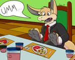  anthro aoba beverage chair claws clothing dinner food foot_focus foot_hands footpaw_hands fork fourpaws hindpaw kangaroo knife male mammal marsupial meatballs necktie pasta pawpads paws pitcher placemat plate pocket_square silverware sitting soles solo spaghetti speech_bubble spoon steak suit table text thick_tail victni 