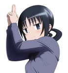  black_hair blue_eyes blush cardigan kanchou looking_at_viewer low_twintails school_uniform seitokai_yakuindomo smile solo tora_tsugumi twintails uomi upper_body white_background 